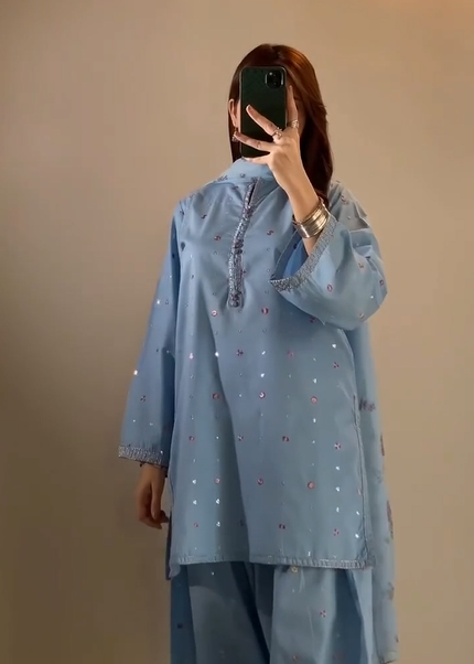 Sky Blue 3-Piece Embellished Co-Ord Suit Set ✨