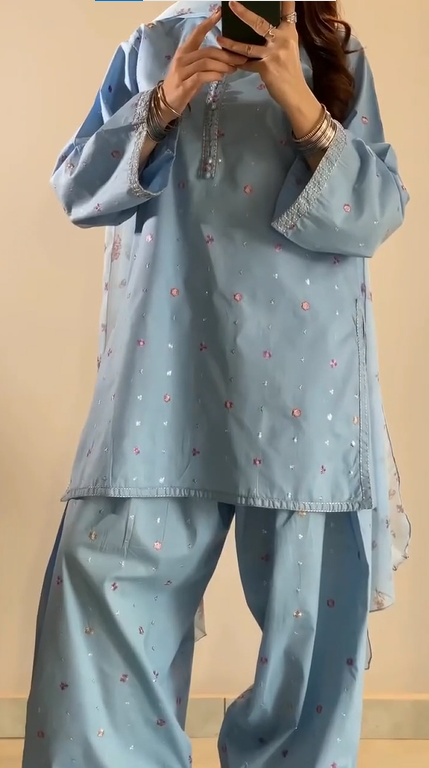 Sky Blue 3-Piece Embellished Co-Ord Suit Set ✨